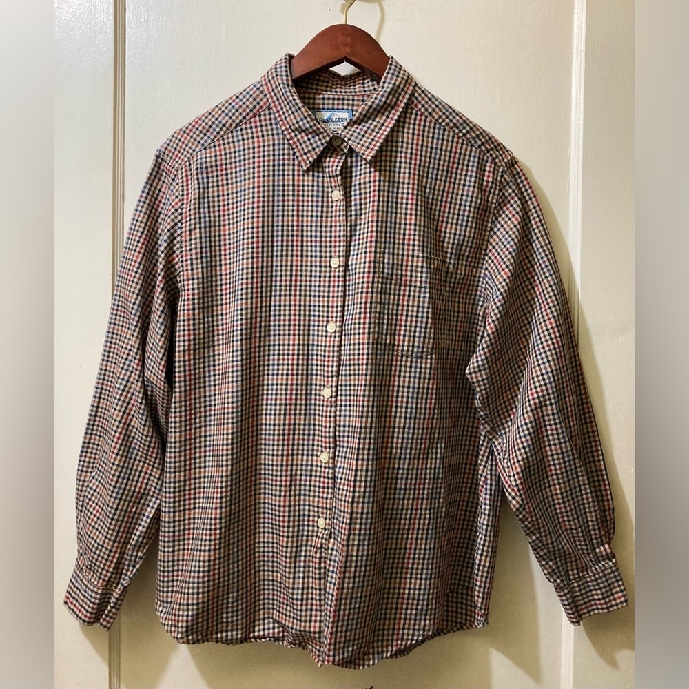 Pendleton Originals Women's Shirt 1X Button-up Tan Blue Red Gingham Long Sleeve‎